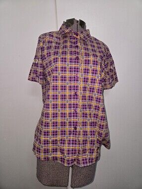 Adrian Delafield Purple Yellow Plaid Short Sleeve Button-Up Shirt Artsy Casual